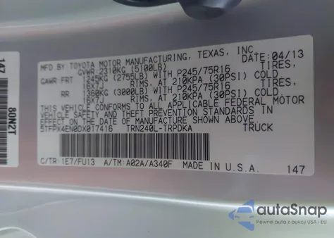 2013 Toyota Tacoma z USA, uszkodzony, nr VIN 5TFPX4EN0DX017416